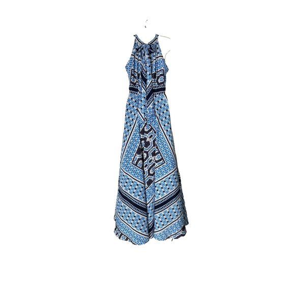 Eliza J Scarf Print Crepe De Chine Maxi Dress Sz 4 Blue Boho Gypsy Resort Party - Picture 5 of 14